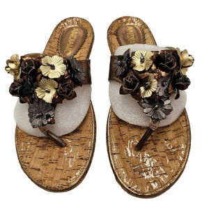 Andiamo Sandals Women Sz 8.5 Slide New Floral Bronze Black Cork Look Metallic